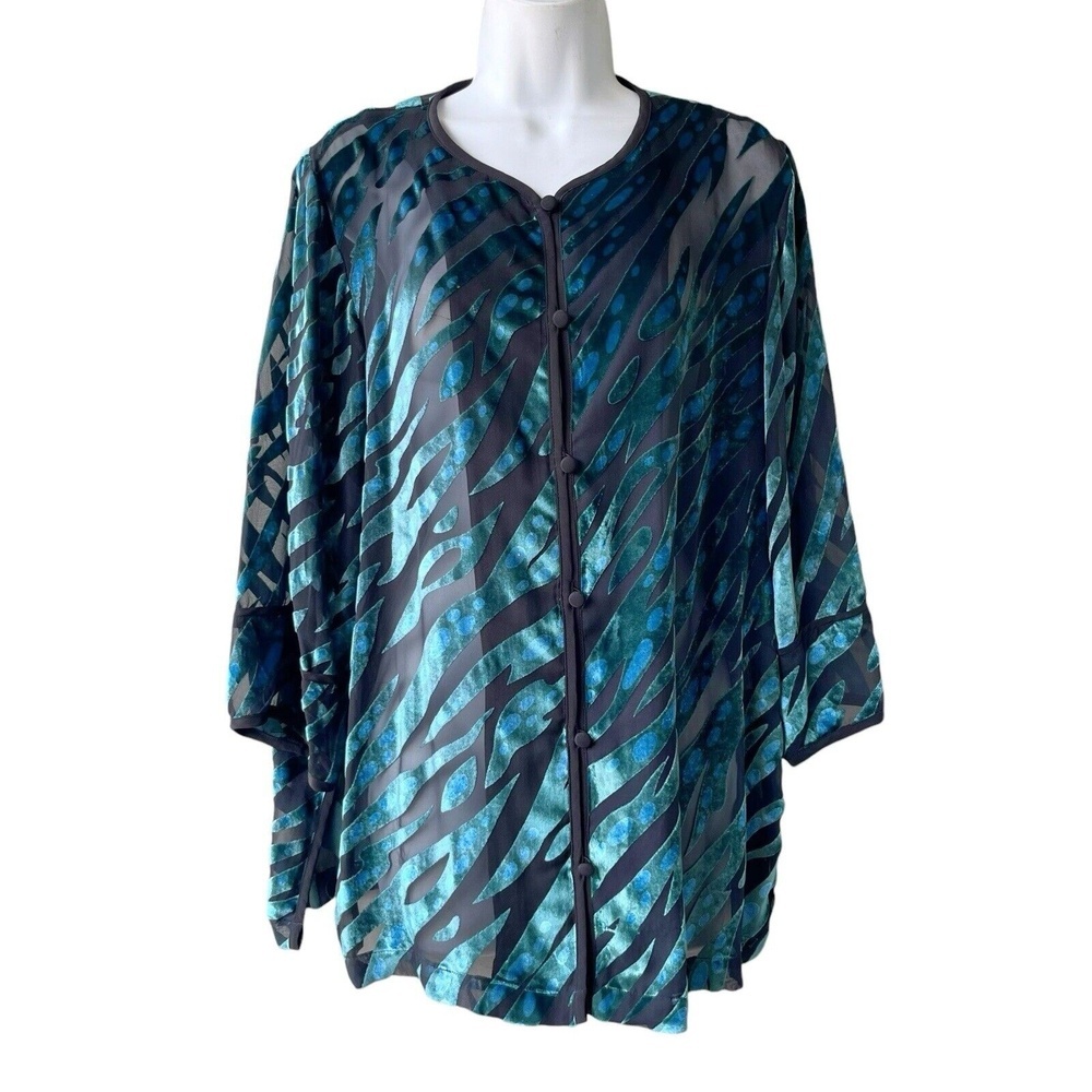 BOB MACKIE Burnout Velvet Silk Top Kimono 3/4 Sleeve Tiger Print Women’s Size M